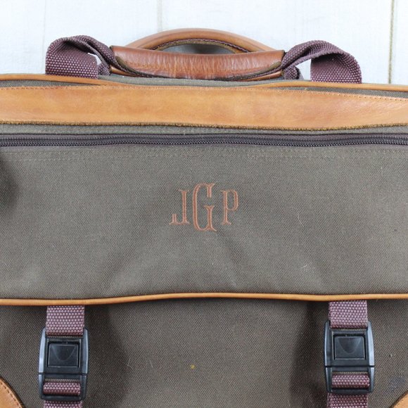 LL Bean Green Leather Brown Trim Embroidered "JGP" Messenger Bag Work - Picture 4 of 11
